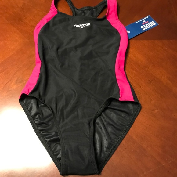 Roots Swim Girls One Piece Swimsuit 10 NWT Black and Magenta Racerback - Picture 5 of 8